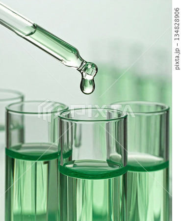 グリーンの美容液を垂らすスポイトと試験管｜スキンケア成分研究・バイオテクノロジーのイメージ 134828906