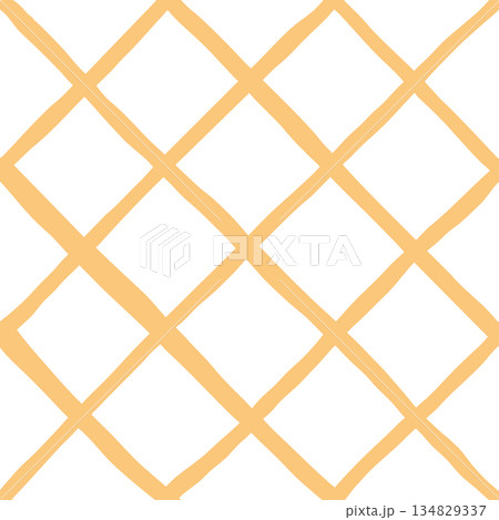 Seamless diamond geometric pattern with hand drawn yellow lines forming repeating rhombus shapes on white background. Concept of simplicity, order 134829337