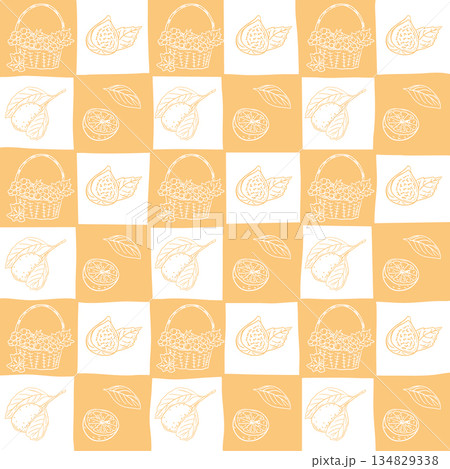 Seamless hand drawn fruit pattern with basket, fig, lemon slice and leaf arranged in repeating square grid on warm yellow background. Concept of freshness Seamless hand drawn fruit pattern with basket, fig, lemon slice and leaf arranged in repeating square grid on warm yellow background. Concept of freshness 134829338