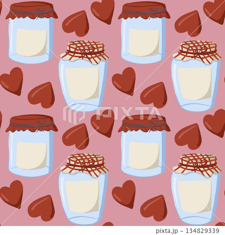 Seamless hand drawn pattern with glass jars, jam containers and heart shapes arranged on soft pink background. Concept of love, sweetness and homemade gifts 134829339