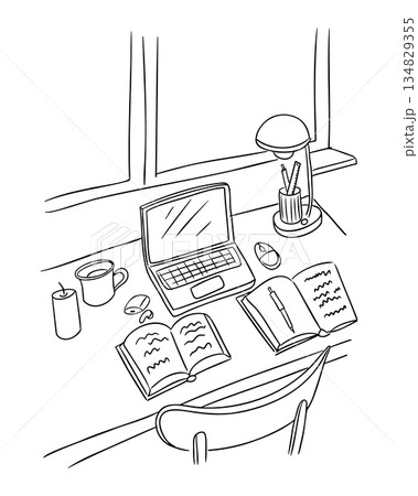 Minimal line art workspace scene with desk, laptop, books, lamp, coffee and study accessories by window. Concept of focus, learning, productivity and working atmosphere Minimal line art workspace scene with desk, laptop, books, lamp, coffee and study accessories by window. Concept of focus, learning, productivity and working atmosphere 134829355