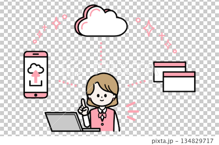 クラウドサービスを説明する女性スタッフのイラスト ITとデータ管理と業務効率化の挿絵 134829717