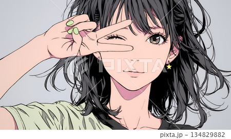 アイドルのように顔の横でピース＋ウィンクしている若い女性