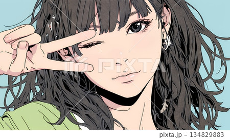 アイドルのように顔の横でピース＋ウィンクしている若い女性