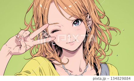 アイドルのように顔の横でピース＋ウィンクしている若い女性