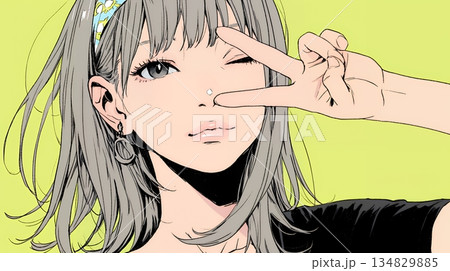 アイドルのように顔の横でピース＋ウィンクしている若い女性