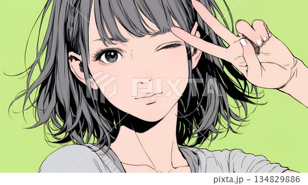 アイドルのように顔の横でピース＋ウィンクしている若い女性