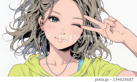 アイドルのように顔の横でピース＋ウィンクしている若い女性