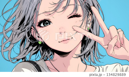 アイドルのように顔の横でピース＋ウィンクしている若い女性