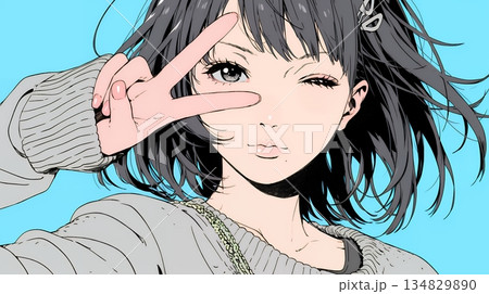 アイドルのように顔の横でピース＋ウィンクしている若い女性