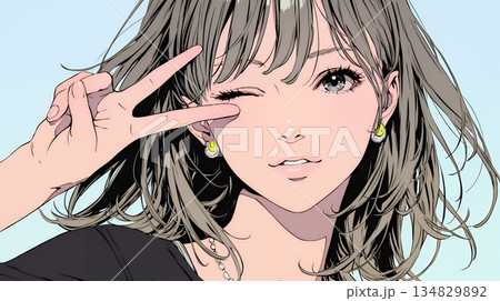 アイドルのように顔の横でピース＋ウィンクしている若い女性