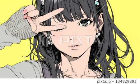 アイドルのように顔の横でピース＋ウィンクしている若い女性