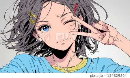 アイドルのように顔の横でピース＋ウィンクしている若い女性