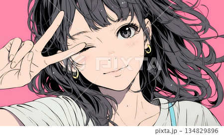 アイドルのように顔の横でピース＋ウィンクしている若い女性