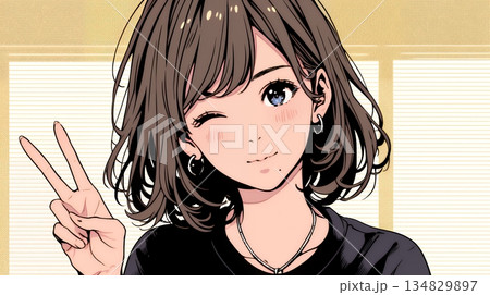 アイドルのように顔の横でピース＋ウィンクしている若い女性