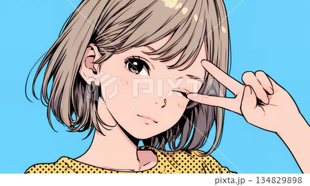 アイドルのように顔の横でピース＋ウィンクしている若い女性