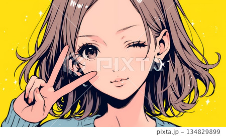 アイドルのように顔の横でピース＋ウィンクしている若い女性