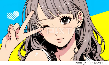 アイドルのように顔の横でピース＋ウィンクしている若い女性