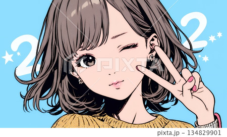 アイドルのように顔の横でピース＋ウィンクしている若い女性