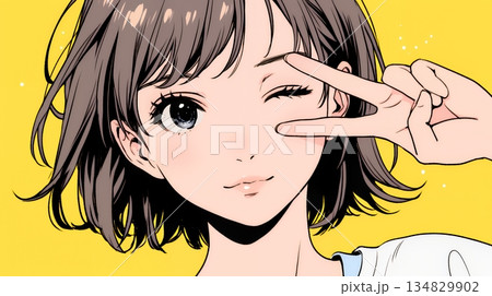 アイドルのように顔の横でピース＋ウィンクしている若い女性