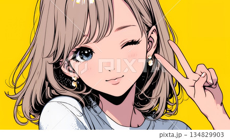 アイドルのように顔の横でピース＋ウィンクしている若い女性