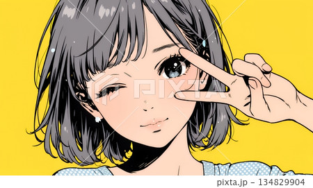 アイドルのように顔の横でピース＋ウィンクしている若い女性