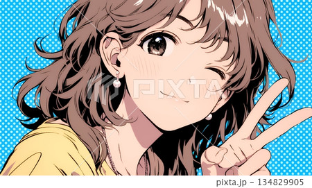 アイドルのように顔の横でピース＋ウィンクしている若い女性