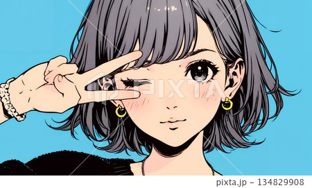 アイドルのように顔の横でピース＋ウィンクしている若い女性