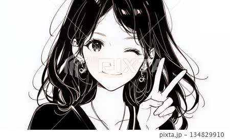 アイドルのように顔の横でピース＋ウィンクしている若い女性（シンプルな色使い）