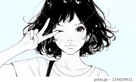 アイドルのように顔の横でピース＋ウィンクしている若い女性（シンプルな色使い）