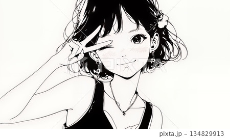 アイドルのように顔の横でピース＋ウィンクしている若い女性（シンプルな色使い）