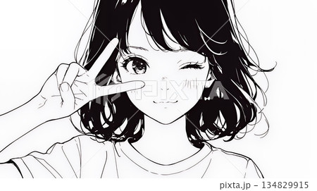 アイドルのように顔の横でピース＋ウィンクしている若い女性（シンプルな色使い）