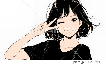 アイドルのように顔の横でピース＋ウィンクしている若い女性（シンプルな色使い）