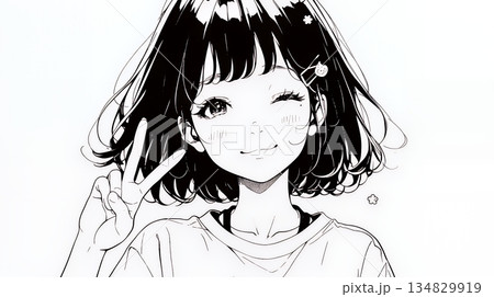 アイドルのように顔の横でピース＋ウィンクしている若い女性（シンプルな色使い）