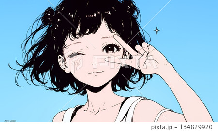 アイドルのように顔の横でピース＋ウィンクしている若い女性（シンプルな色使い）