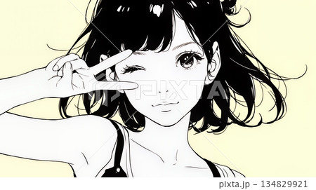 アイドルのように顔の横でピース＋ウィンクしている若い女性（シンプルな色使い）