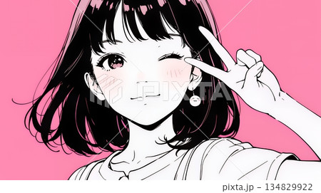 アイドルのように顔の横でピース＋ウィンクしている若い女性（シンプルな色使い）