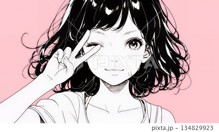 アイドルのように顔の横でピース＋ウィンクしている若い女性（シンプルな色使い）