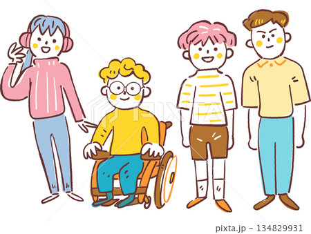 笑顔で並ぶ個性豊かな子供たちと車椅子の男の子、インクルーシブ教育の小学生、ベクターイラスト 笑顔で並ぶ個性豊かな子供たちと車椅子の男の子、インクルーシブ教育の小学生、ベクターイラスト 134829931
