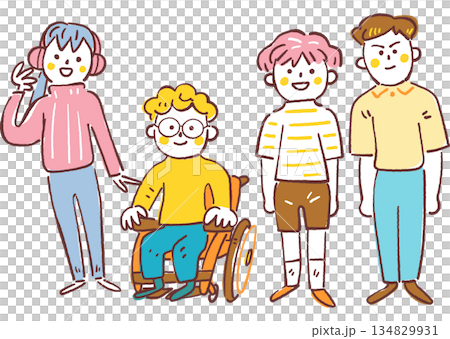 笑容燦爛、個性鮮明的孩子們，還有一個坐在輪椅上的男孩，他們是接受融合教育的小學生，向量圖。 134829931