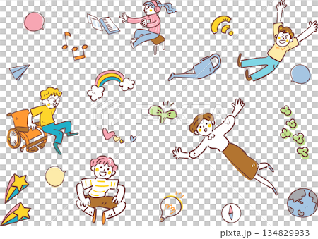 未来へ羽ばたく子供たちとアイテムのセット、インクルーシブ教育の小学生、挿絵素材 134829933