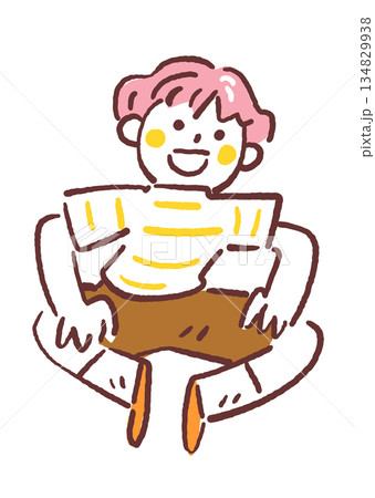 体操座りで話を聞くリラックスした子供、インクルーシブ教育の小学生、イラスト 134829938