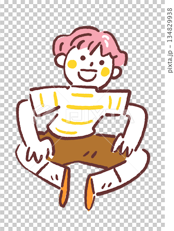 一個放鬆的孩子以體操坐姿聆聽故事，他是融合教育中的小學生，插圖 134829938