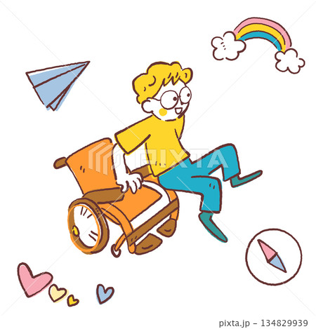 車椅子で虹の空へ飛び出す男の子、多様性のある学校生活、イメージイラスト 134829939