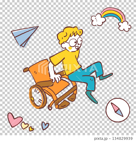 車椅子で虹の空へ飛び出す男の子、多様性のある学校生活、イメージイラスト 134829939