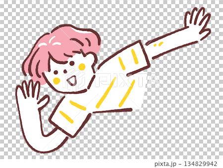 Illustration of a child waving his hand and calling out cheerfully, elementary school student in inclusive education, attention 134829942