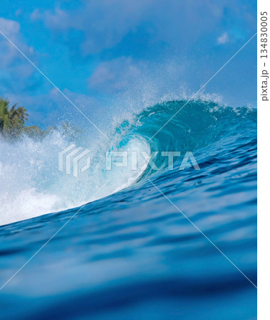 Majestic ocean swell with shimmering sunlight and foamy crest 134830005