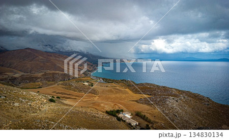 Souther Coast of Crete. Mountains and Road. Aerial Shot. Preveli. GReece 134830134