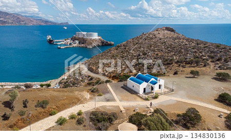 Agios Pavlos Church. Crete. Greece. Kaloi Limenes. Drone Take. Ship Fuel Tanks. 134830136