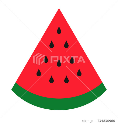 Juicy Slice A vibrant, triangular slice of ripe watermelon, its refreshing red flesh punctuated with black seeds 134830960